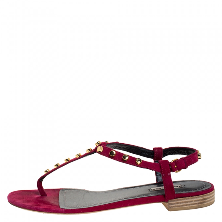 Pre Owned Balenciaga Magenta Suede Studded Thong Flats Size 40