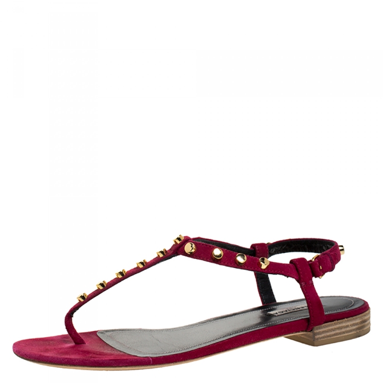Pre Owned Balenciaga Magenta Suede Studded Thong Flats Size 40