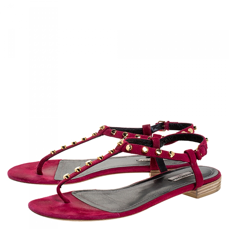 Pre Owned Balenciaga Magenta Suede Studded Thong Flats Size 40