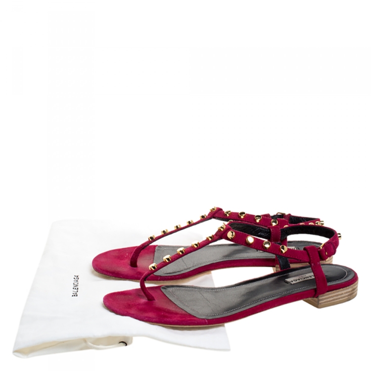Pre Owned Balenciaga Magenta Suede Studded Thong Flats Size 40