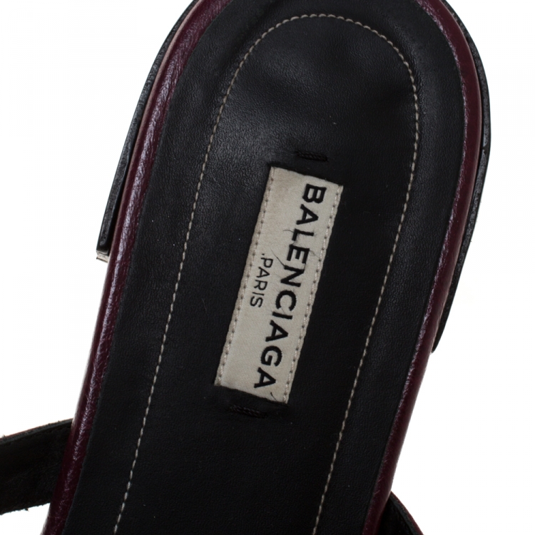 Pre Owned Balenciaga Burgundy Leather Arena Flat Slides Size 39