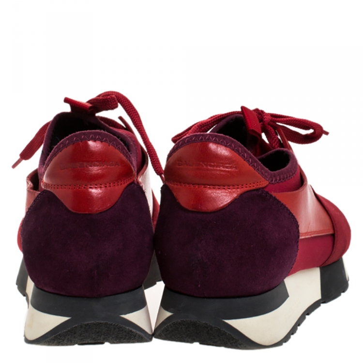 Pre Owned Balenciaga Red/Purple Suede Leather And Mesh Race Runner Sneakers Size 37
