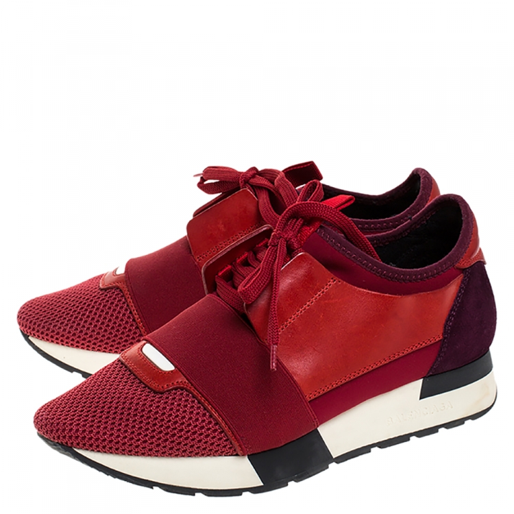Pre Owned Balenciaga Red/Purple Suede Leather And Mesh Race Runner Sneakers Size 37