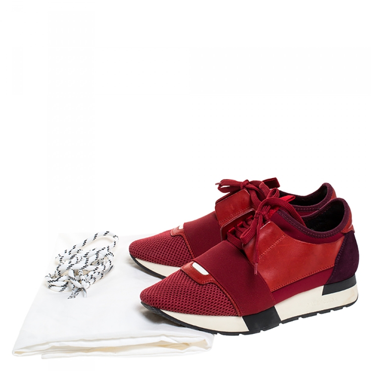 Pre Owned Balenciaga Red/Purple Suede Leather And Mesh Race Runner Sneakers Size 37