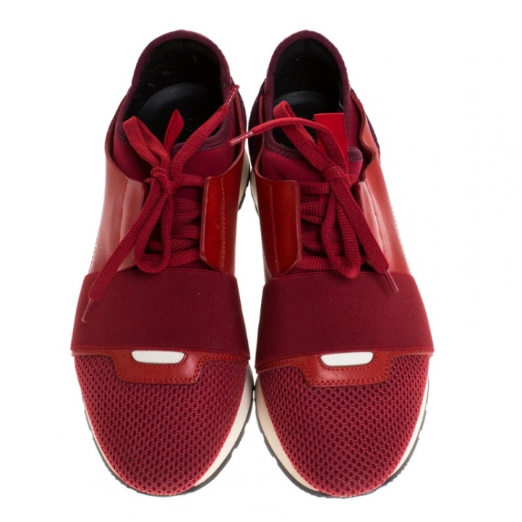 Pre Owned Balenciaga Red/Purple Suede Leather And Mesh Race Runner Sneakers Size 37