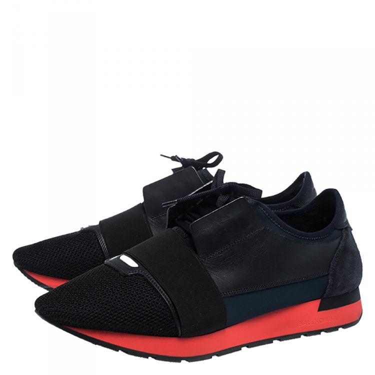 Pre Owned Balenciaga Black/Red Leather And Mesh Race Runner Low Top Sneakers Size 44