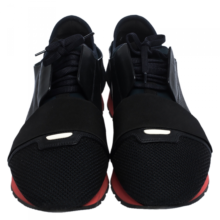 Pre Owned Balenciaga Black/Red Leather And Mesh Race Runner Low Top Sneakers Size 44