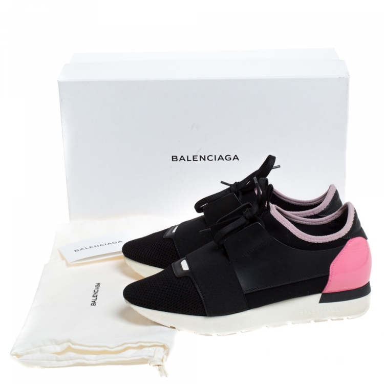 Pre Owned Balenciaga Black/Pink Leather And Mesh Race Runner Sneakers Size 38