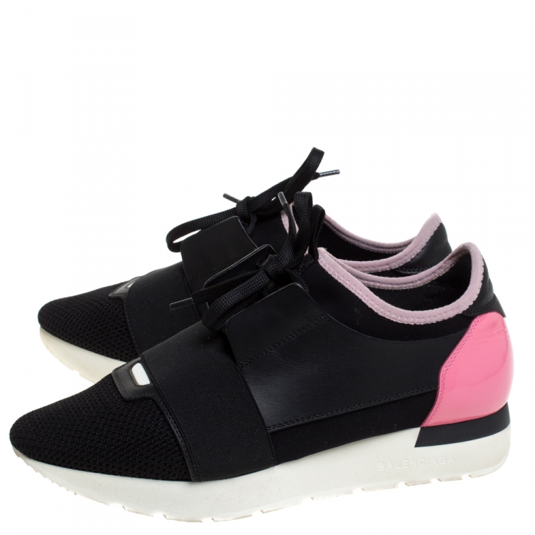 Pre Owned Balenciaga Black/Pink Leather And Mesh Race Runner Sneakers Size 38