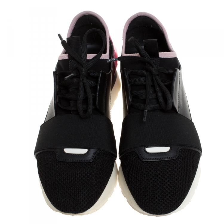 Pre Owned Balenciaga Black/Pink Leather And Mesh Race Runner Sneakers Size 38