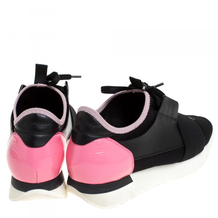 Pre Owned Balenciaga Black/Pink Leather And Mesh Race Runner Sneakers Size 38