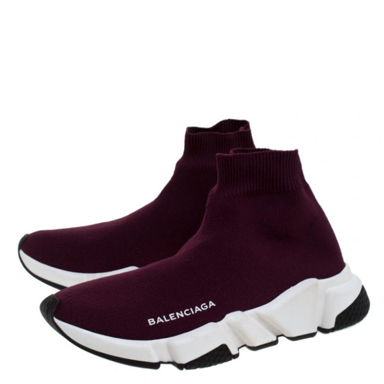 Pre Owned Balenciaga Burgundy Knit Fabric Speed Trainer Sneakers Size 37