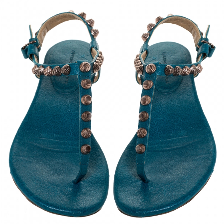 Pre Owned Balenciaga Blue Studded Leather Arena Thong Sandals Size 39