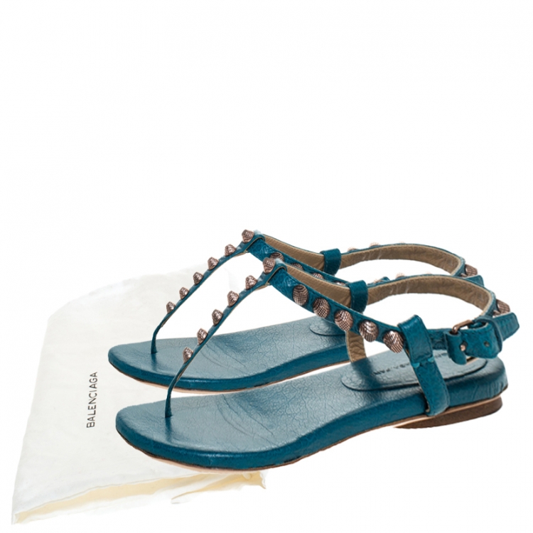Pre Owned Balenciaga Blue Studded Leather Arena Thong Sandals Size 39