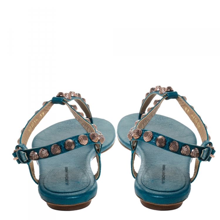 Pre Owned Balenciaga Blue Studded Leather Arena Thong Sandals Size 39