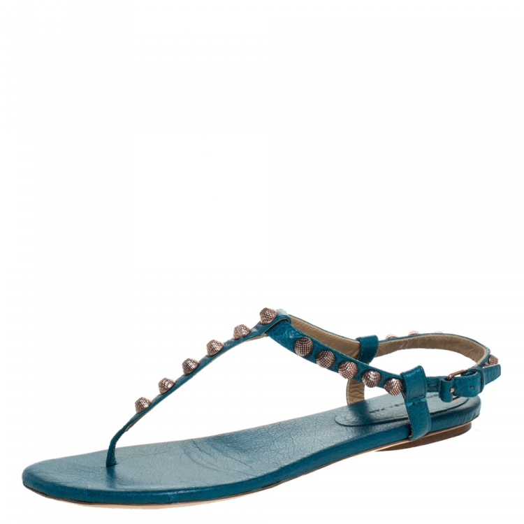 Pre Owned Balenciaga Blue Studded Leather Arena Thong Sandals Size 39