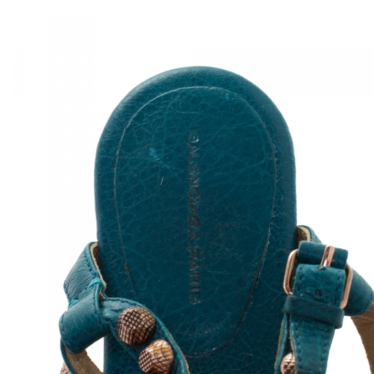 Pre Owned Balenciaga Blue Studded Leather Arena Thong Sandals Size 39