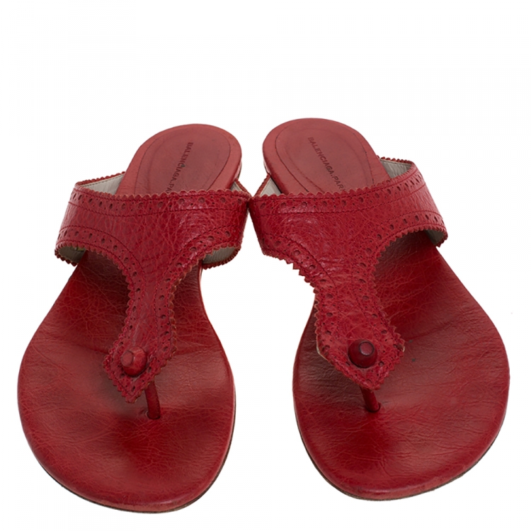 Pre Owned Balenciaga Red Brogue Detail Leather Thong Sandals Size 39