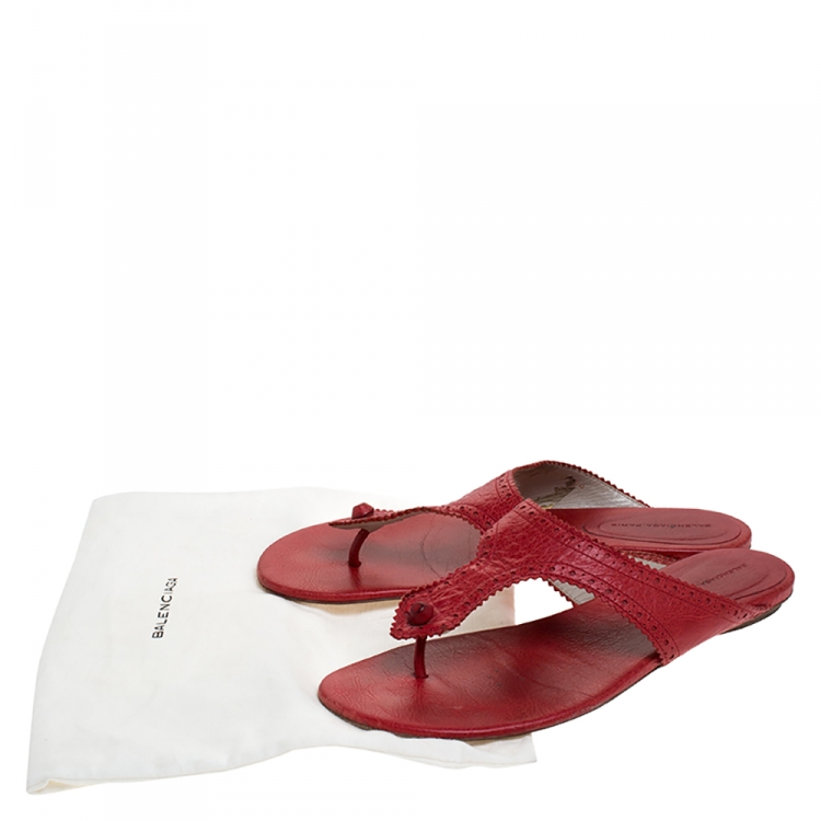 Pre Owned Balenciaga Red Brogue Detail Leather Thong Sandals Size 39
