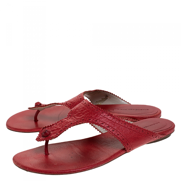 Pre Owned Balenciaga Red Brogue Detail Leather Thong Sandals Size 39