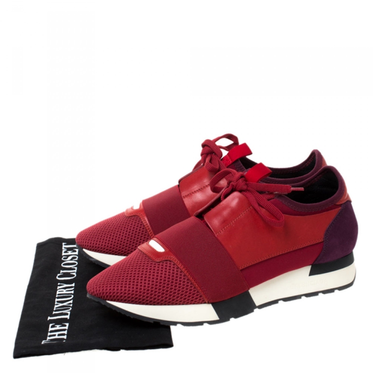 Pre Owned Balenciaga Red Mesh, Leather And Suede Race Runners Sneakers Size 40