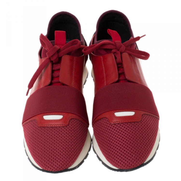 Pre Owned Balenciaga Red Mesh, Leather And Suede Race Runners Sneakers Size 40