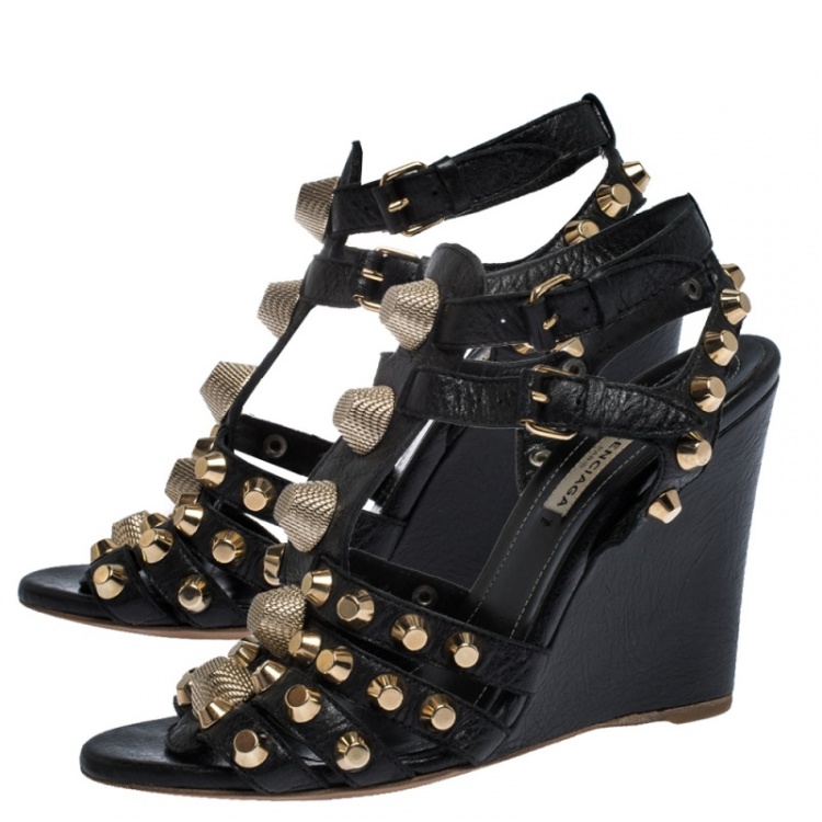 Pre Owned Balenciaga Black Leather Arena Studded Gladiator Wedge Sandals Size 37