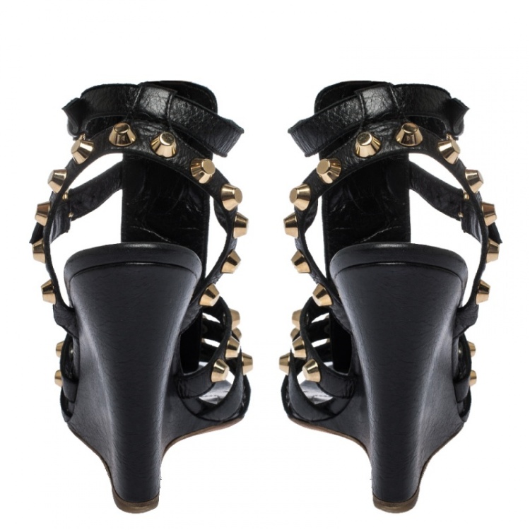 Pre Owned Balenciaga Black Leather Arena Studded Gladiator Wedge Sandals Size 37