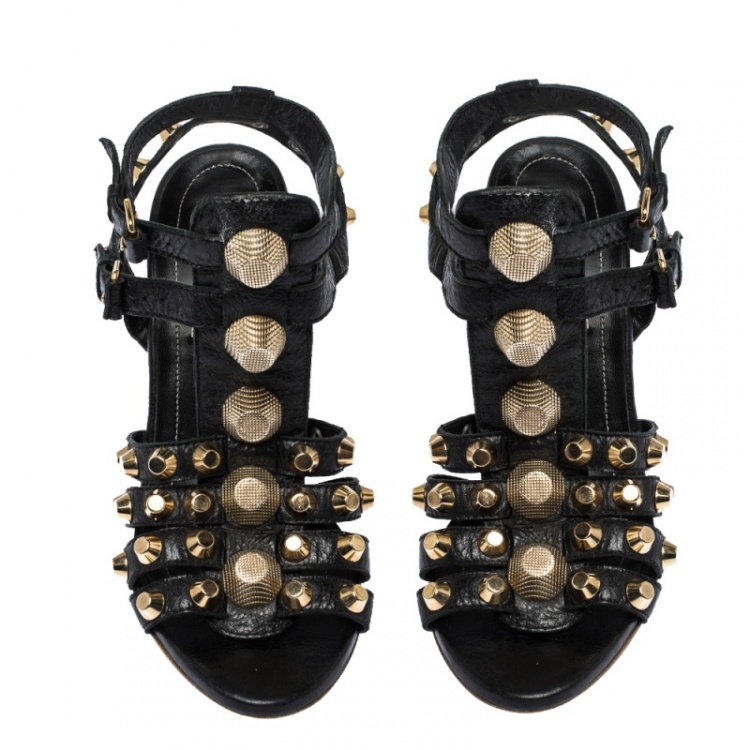 Pre Owned Balenciaga Black Leather Arena Studded Gladiator Wedge Sandals Size 37