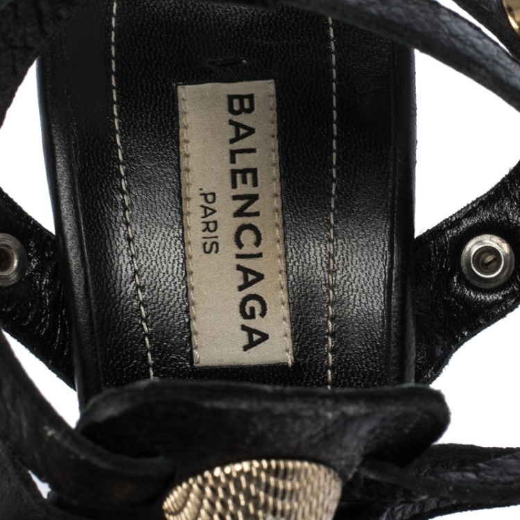 Pre Owned Balenciaga Black Leather Arena Studded Gladiator Wedge Sandals Size 37