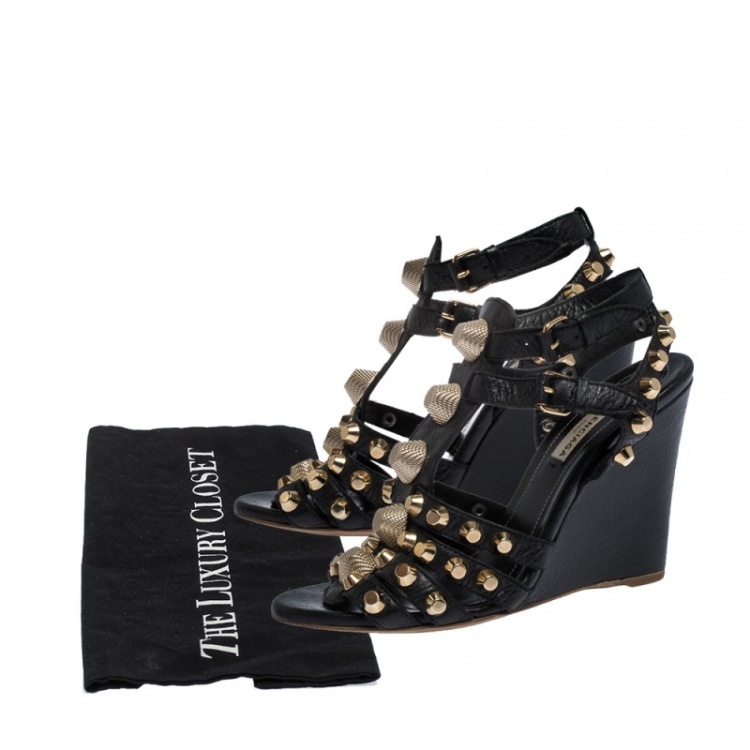Pre Owned Balenciaga Black Leather Arena Studded Gladiator Wedge Sandals Size 37