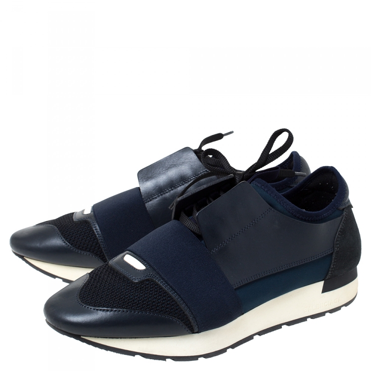 Pre Owned Balenciaga Black Leather, Mesh And Suede Race Runner Sneakers Size 41