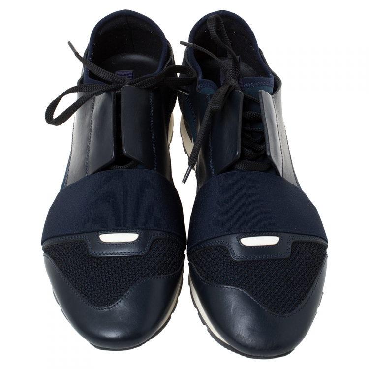 Pre Owned Balenciaga Black Leather, Mesh And Suede Race Runner Sneakers Size 41