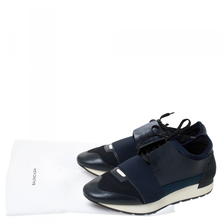 Pre Owned Balenciaga Black Leather, Mesh And Suede Race Runner Sneakers Size 41