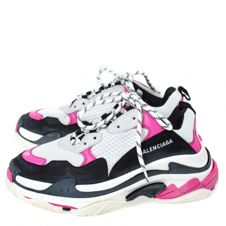 Pre Owned Balenciaga Neon Pink/Black Nubuck, Leather And Mesh Triple S Platform Sneakers Size 41