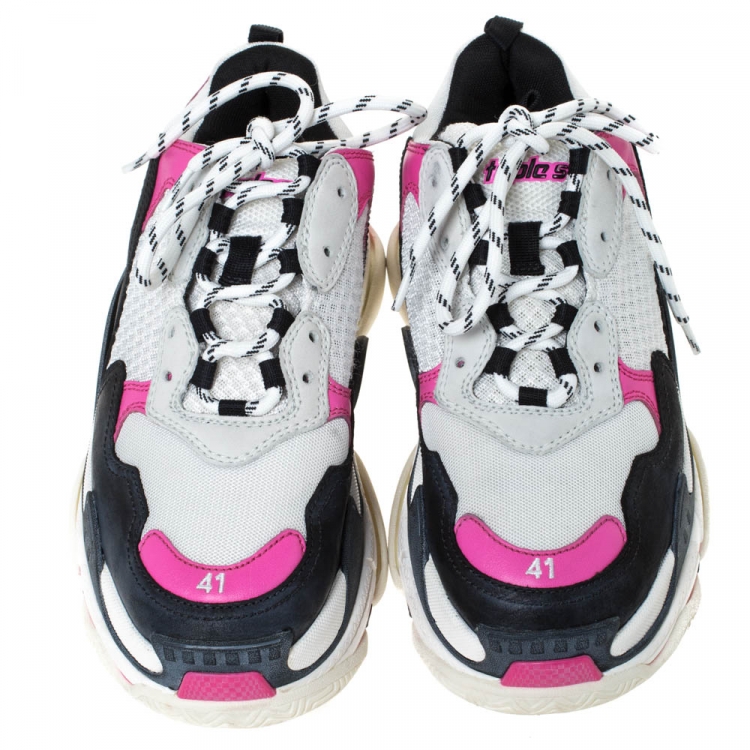 Pre Owned Balenciaga Neon Pink/Black Nubuck, Leather And Mesh Triple S Platform Sneakers Size 41