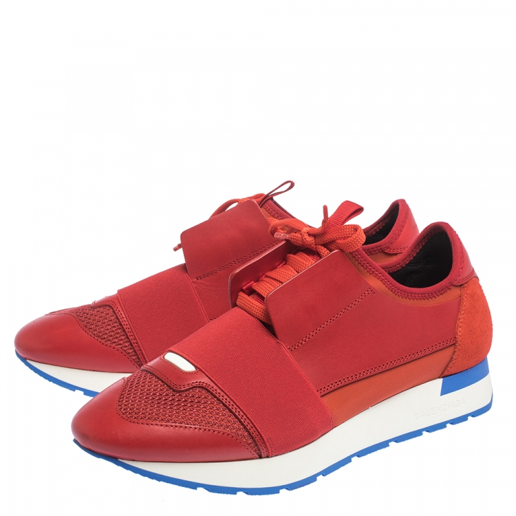Pre Owned Balenciaga Red Leather And Mesh Race Runners Sneakers Size 39