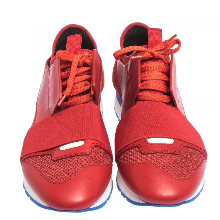 Pre Owned Balenciaga Red Leather And Mesh Race Runners Sneakers Size 39