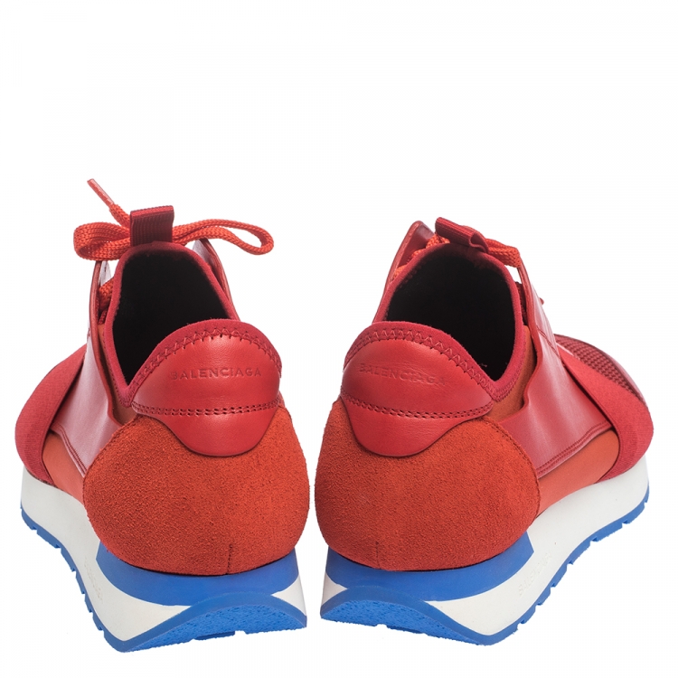 Pre Owned Balenciaga Red Leather And Mesh Race Runners Sneakers Size 39