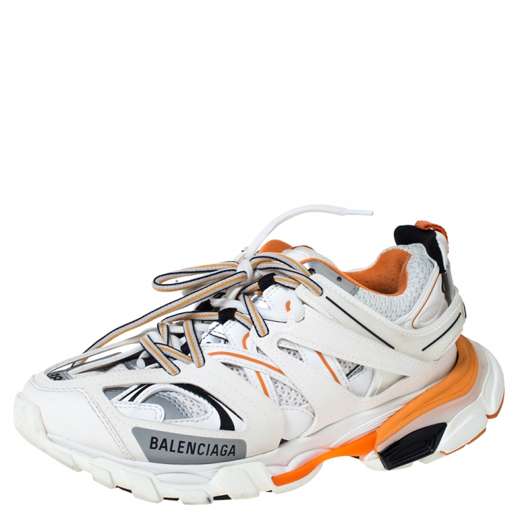 Balenciaga White/Orange Leather And Mesh Track Trainers Size 38 ...