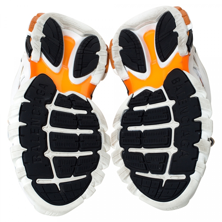 Pre Owned Balenciaga White/Orange Leather And Mesh Track Trainers Size 38