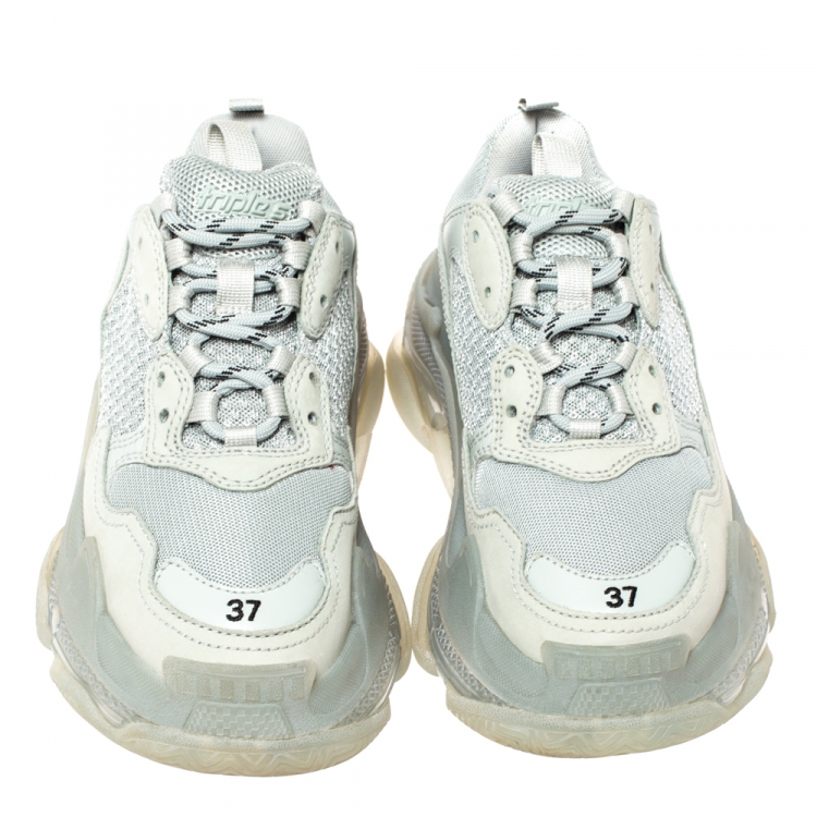 Pre Owned Balenciaga Grey Mesh And Leather Triple S Clear Sole Platform Sneakers Size 37