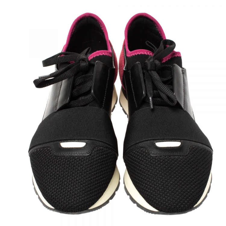 Pre Owned Balenciaga Black/Pink Leather And Mesh Race R Sneakers Size 39
