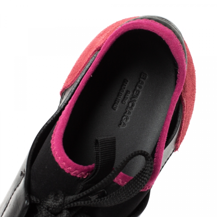 Pre Owned Balenciaga Black/Pink Leather And Mesh Race R Sneakers Size 39