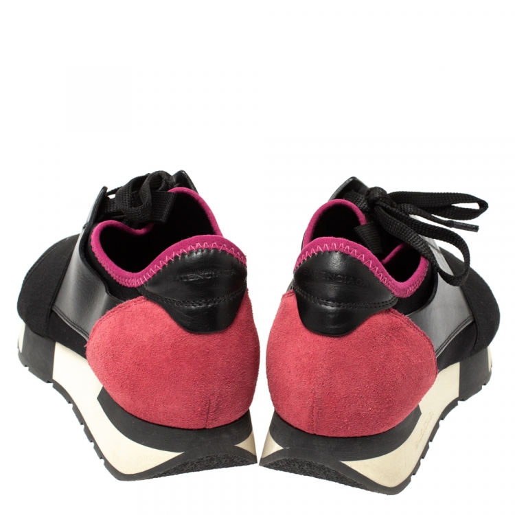 Pre Owned Balenciaga Black/Pink Leather And Mesh Race R Sneakers Size 39