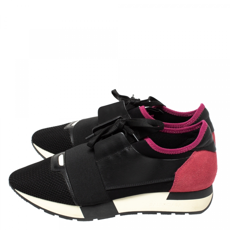 Pre Owned Balenciaga Black/Pink Leather And Mesh Race R Sneakers Size 39