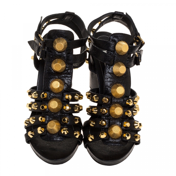 Pre Owned Balenciaga Black Leather Chunky-Heel Studded Gladiator Sandals Size 37.5