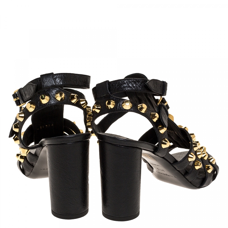 Pre Owned Balenciaga Black Leather Chunky-Heel Studded Gladiator Sandals Size 37.5