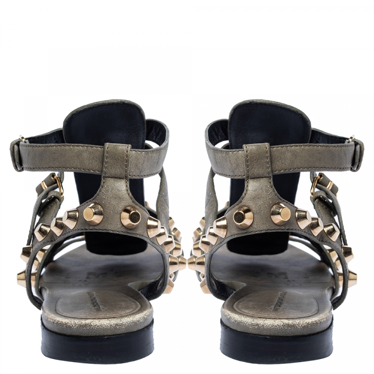 Pre Owned Balenciaga Grey Leather Arena Studded Gladiator Flat Sandals Size 39