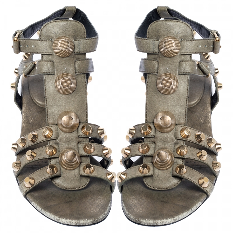 Pre Owned Balenciaga Grey Leather Arena Studded Gladiator Flat Sandals Size 39